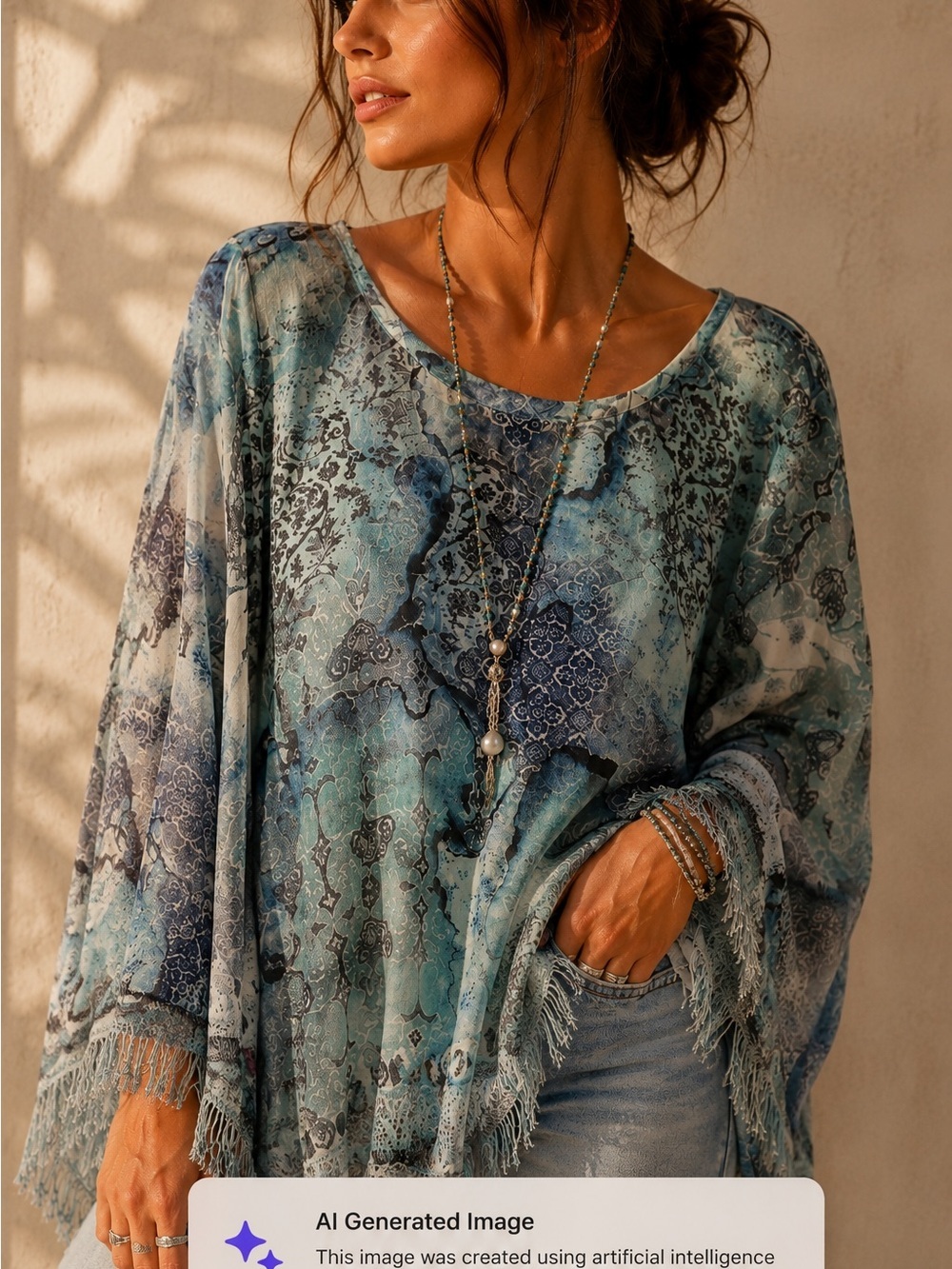 Mushka Sienna Rose, Inc. Large Fringed Tunic Blouse Top Wearable Art Blues